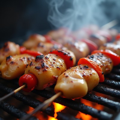 Chicken Skewers Grilling on Barbecue