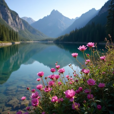 Pink flowers by turquoise mountain lake