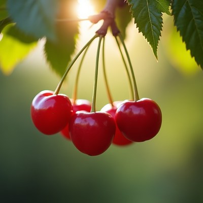 Cluster of Red Cherries on Branch