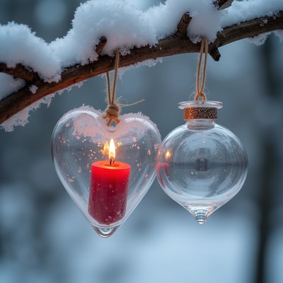 Snowy Branch with Heart Candle and Ornament