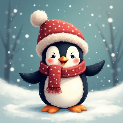 Cute penguin wearing red hat scarf