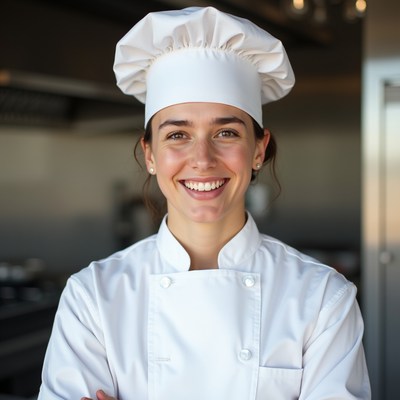 Smiling female chef in white uniform