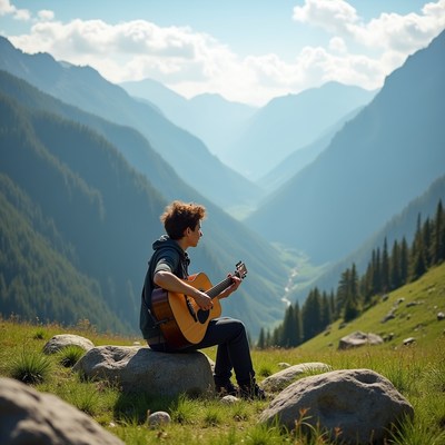 Young man playing guitar in mountains
