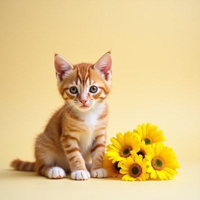Orange kitten with sunflowers