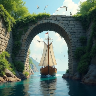 Sailing Ship Through Mossy Stone Arch