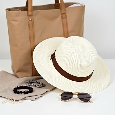 Beige Tote Bag with Straw Hat