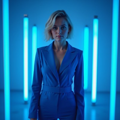 Blonde woman in blue suit with neon lights
