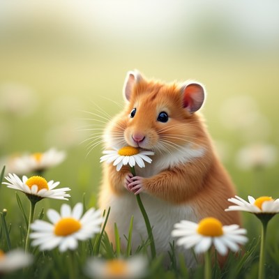Hamster holding daisy flower