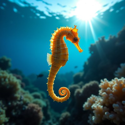 Orange Seahorse in Underwater Coral Reef