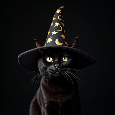Black cat wearing witch hat
