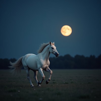 White horse galloping under full moon