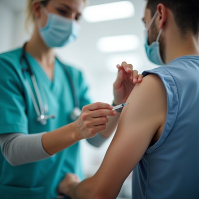 Nurse vaccinating man in masks