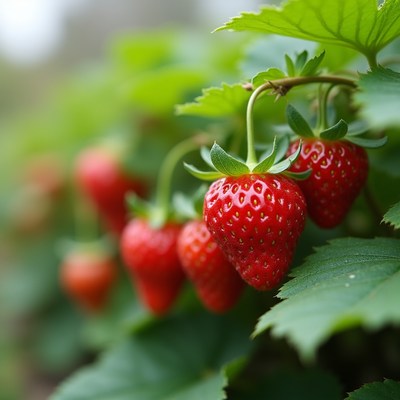 Ripe Strawberries on Green Leaves