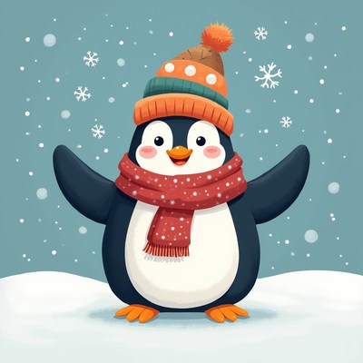 Cute penguin in hat and scarf