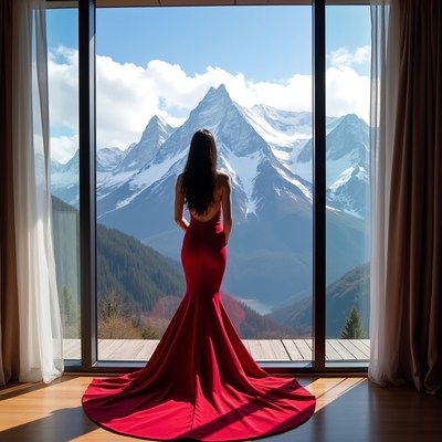 Woman in red gown viewing mountains