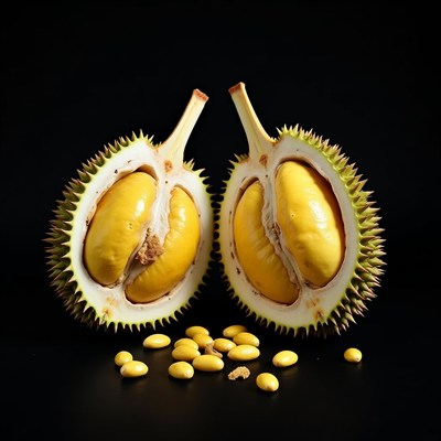 Two Open Durian Fruits with Seeds