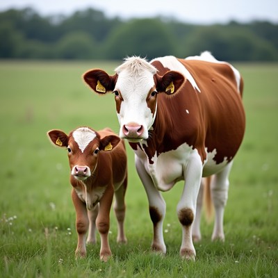 Cow and Calf in Green Pasture