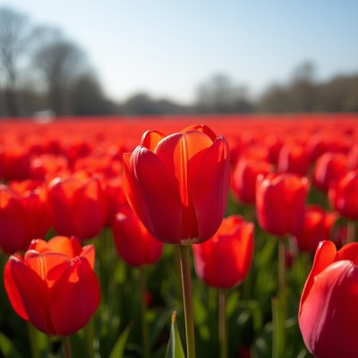 Red Tulip in Blooming Field