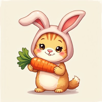 Cute cat in bunny costume holding carrot