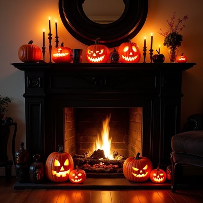 Halloween pumpkins on fireplace mantel