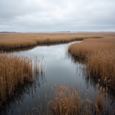 Reeds and water in marsh landscape
