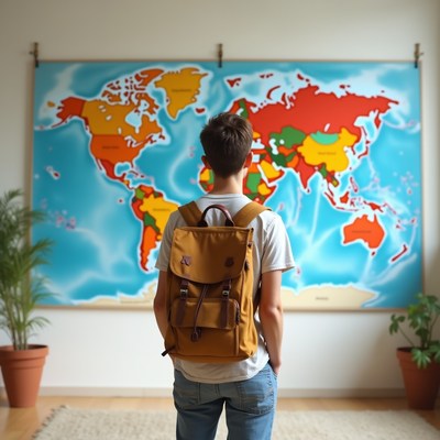 Man viewing world map backpack