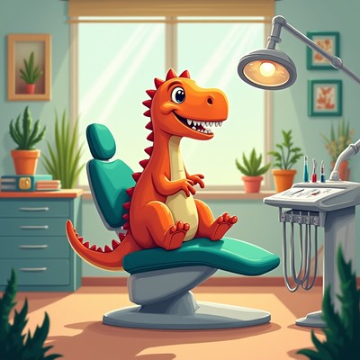 Cute T-Rex dinosaur at dentist