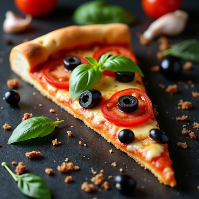 Pizza Slice with Olives and Basil