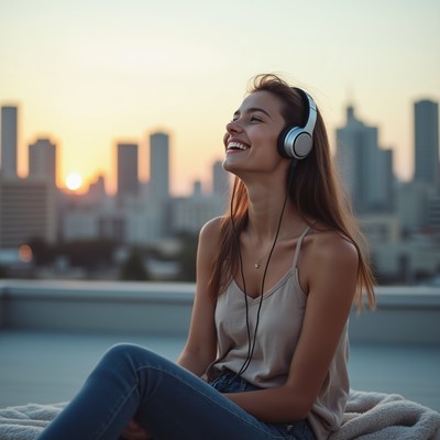 Woman listening to music on rooftop sunset