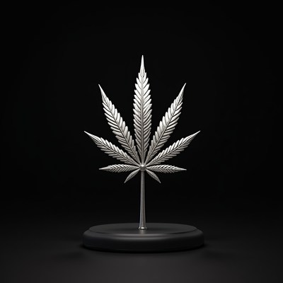 Silver Marijuana Leaf on Black Base