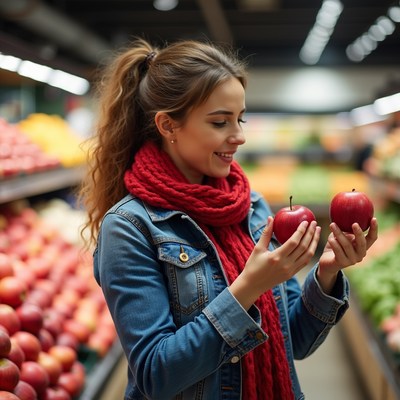 Woman holding red apples in supermarket