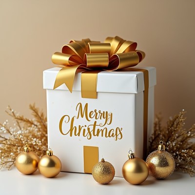 White Christmas gift with gold bow