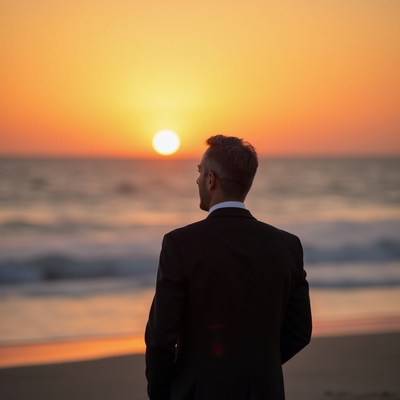 Man in suit watching sunset beach