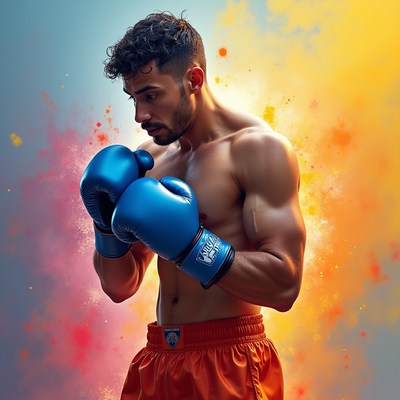 Muscular man boxing with blue gloves