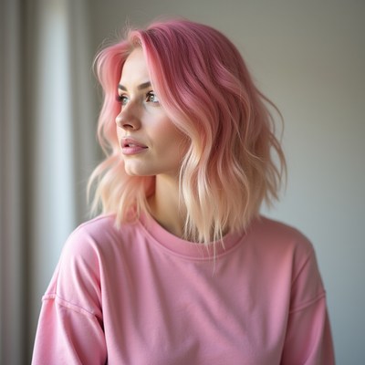 Woman with pink wavy hair
