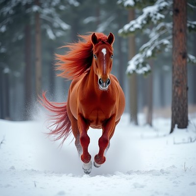 Red horse galloping in snowy forest
