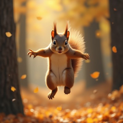 Red Squirrel Jumping in Autumn Forest