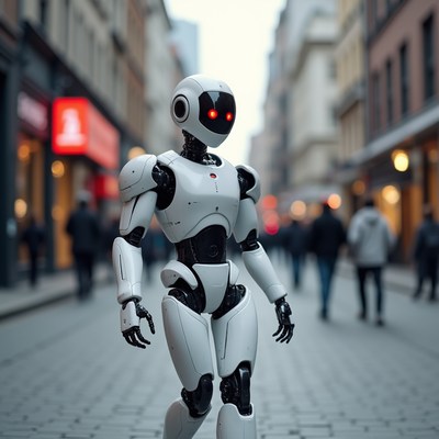 White humanoid robot walking urban street