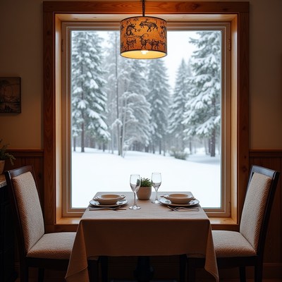 Table by snowy forest window