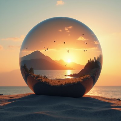 Glass sphere with sunset landscape