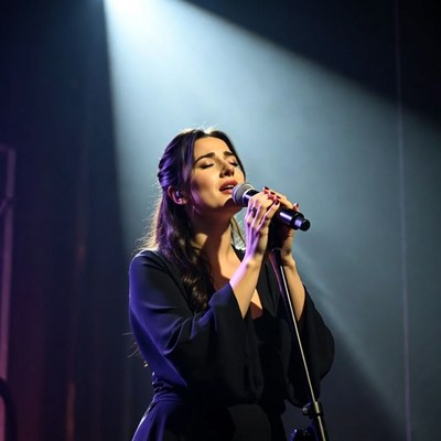Woman singing on stage with spotlight