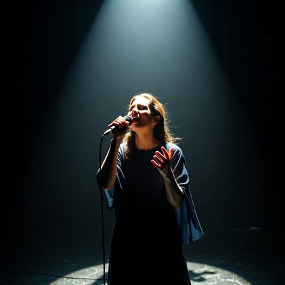 Woman singing with microphone on stage