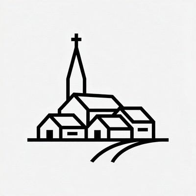 Line art church and village
