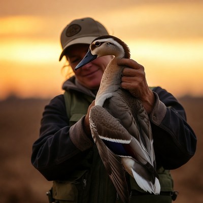 Man holding whistling duck at sunset
