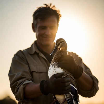 Man holding duckling at sunset