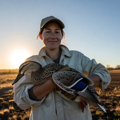 Woman holding mallard duck at sunset