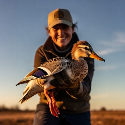 Woman holding gadwall duck outdoors