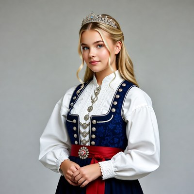Blonde girl in Norwegian bunad with tiara
