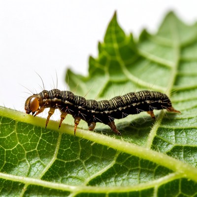 Black caterpillar on green leaf