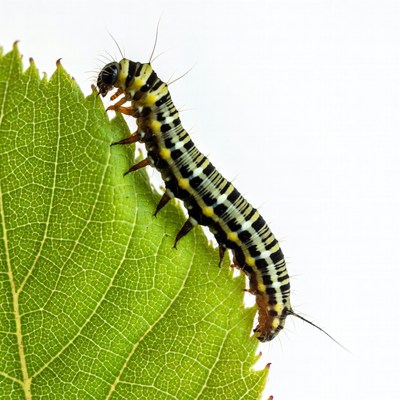 Striped caterpillar on green leaf